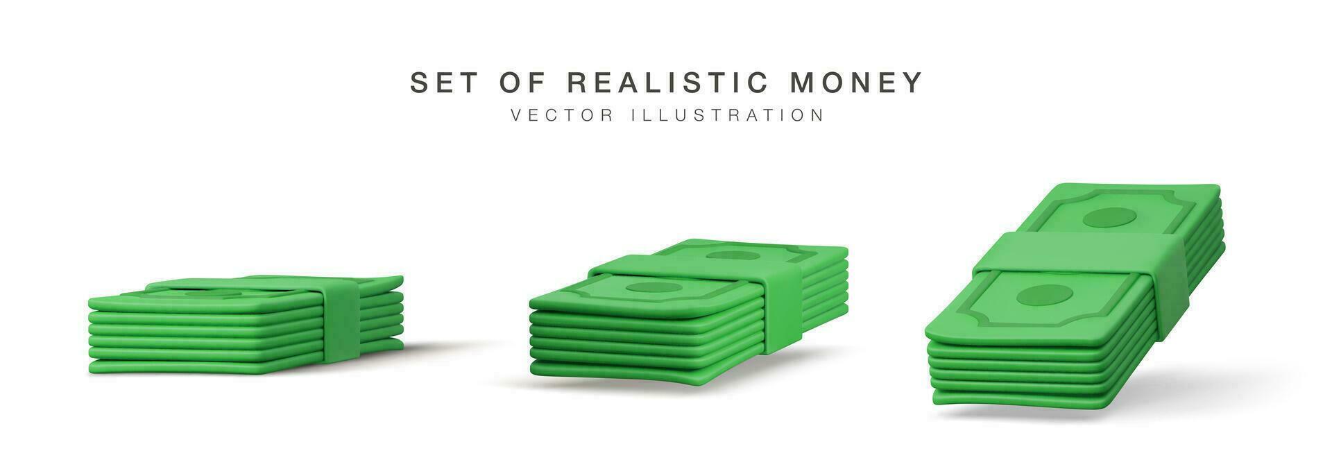 Set of 3D stack of dollar USA. Render green paper pack of money. Paper dollar banknote isolated on white background. Vector illustration