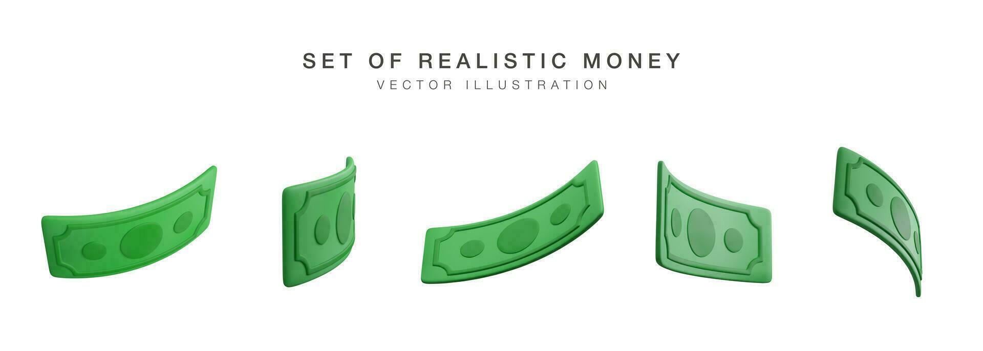 Realistic banknote currency in cartoon style. 3D green paper dollars. Set of twisted money. Vector illustration