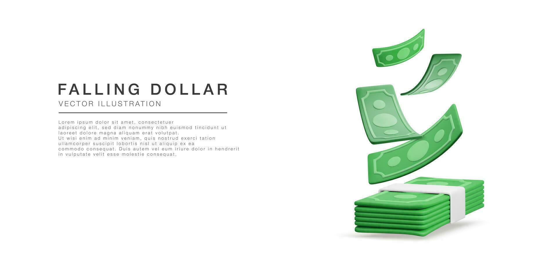 3D realistic  green dollars falling to stack of money.  Concept for business baner or poster. Paper bills in cartoon style. Vector illustration