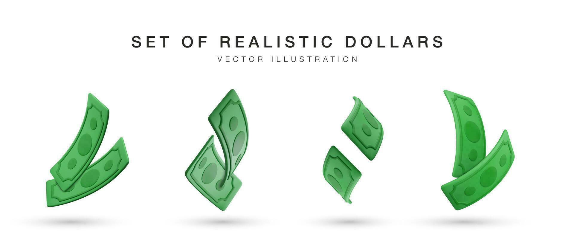 Realistic banknote currency in cartoon style. 3D green paper dollars. Set of twisted money. Vector illustration