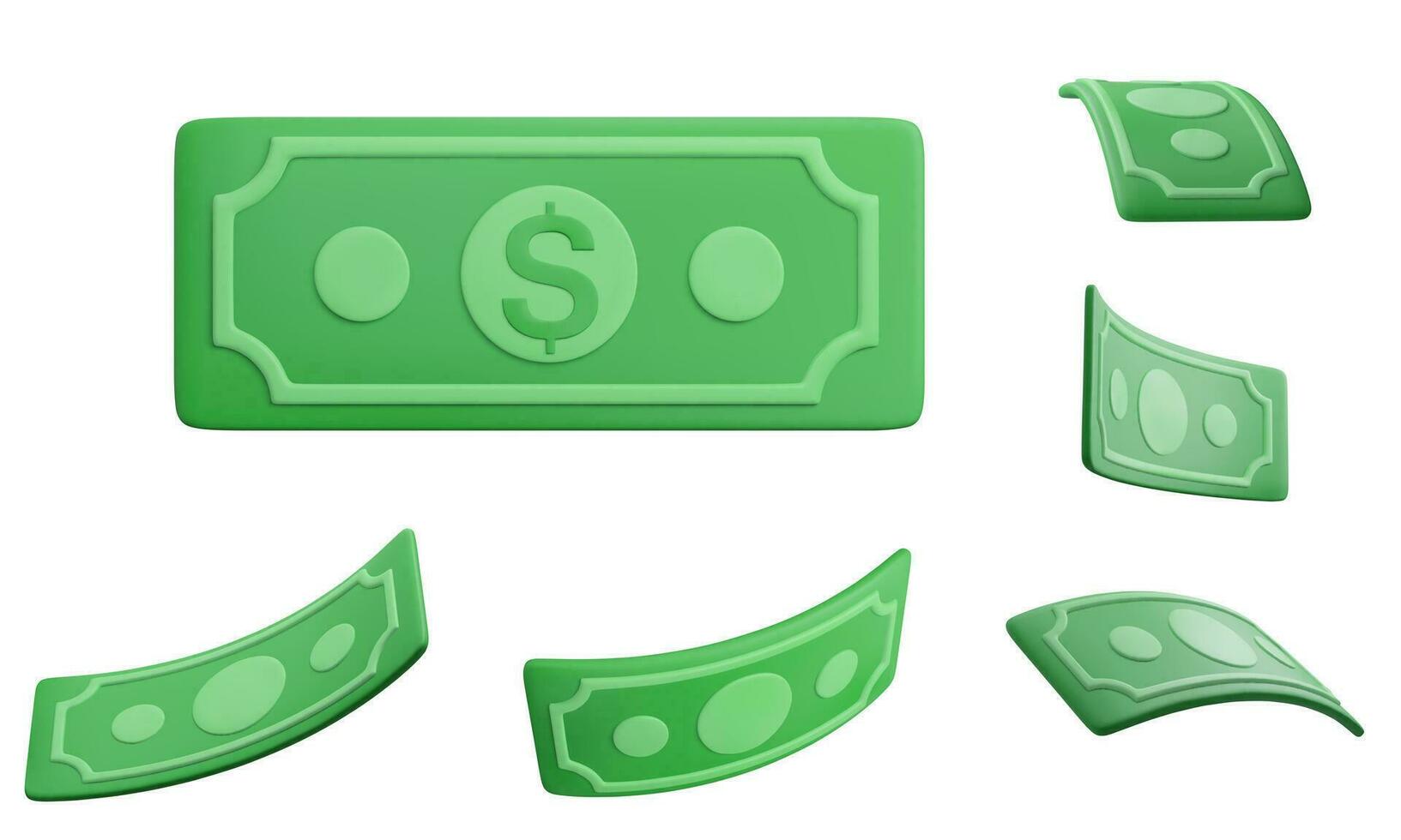Realistic banknote currency in cartoon style. 3D green paper dollars. Set of twisted money. Vector illustration