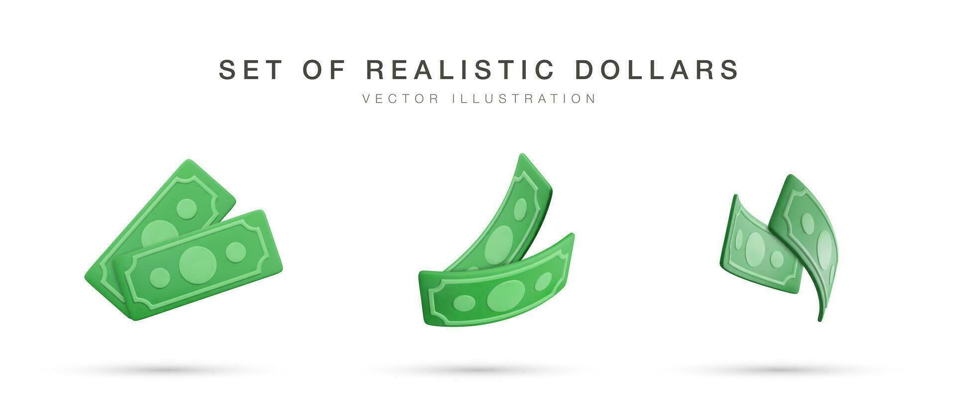 Realistic banknote currency in cartoon style. 3D green paper dollars. Set of twisted money. Vector illustration