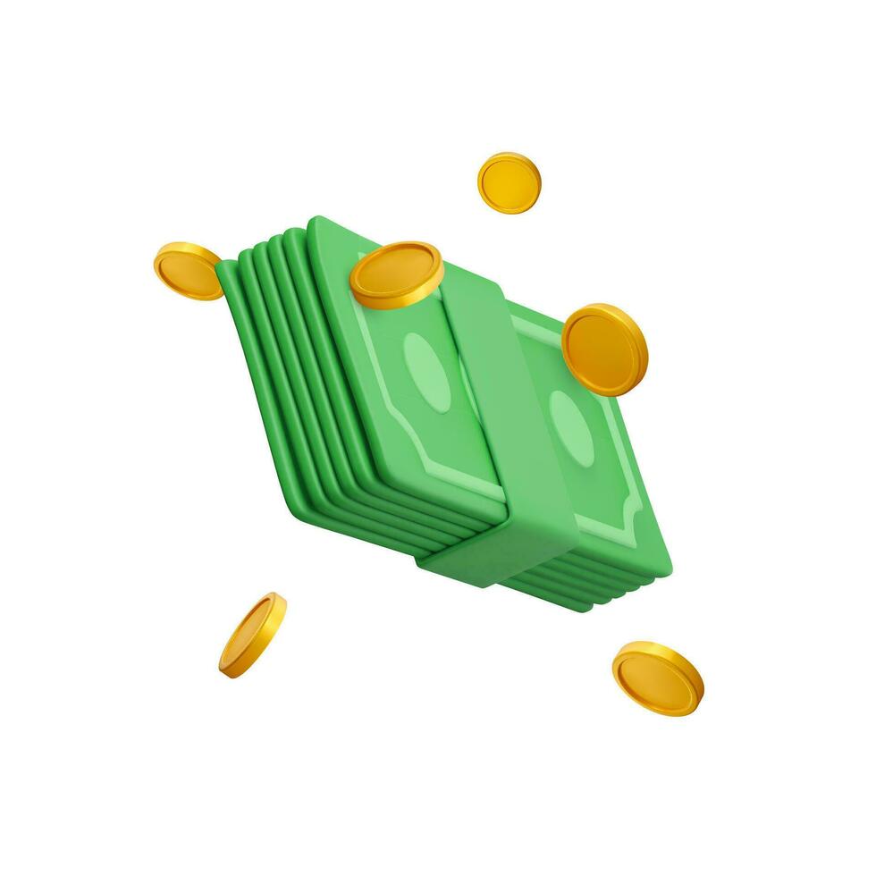 Green currency stack and falling gold coins in cartoon style. 3d realistic money object for poster or banner. Vector illustration
