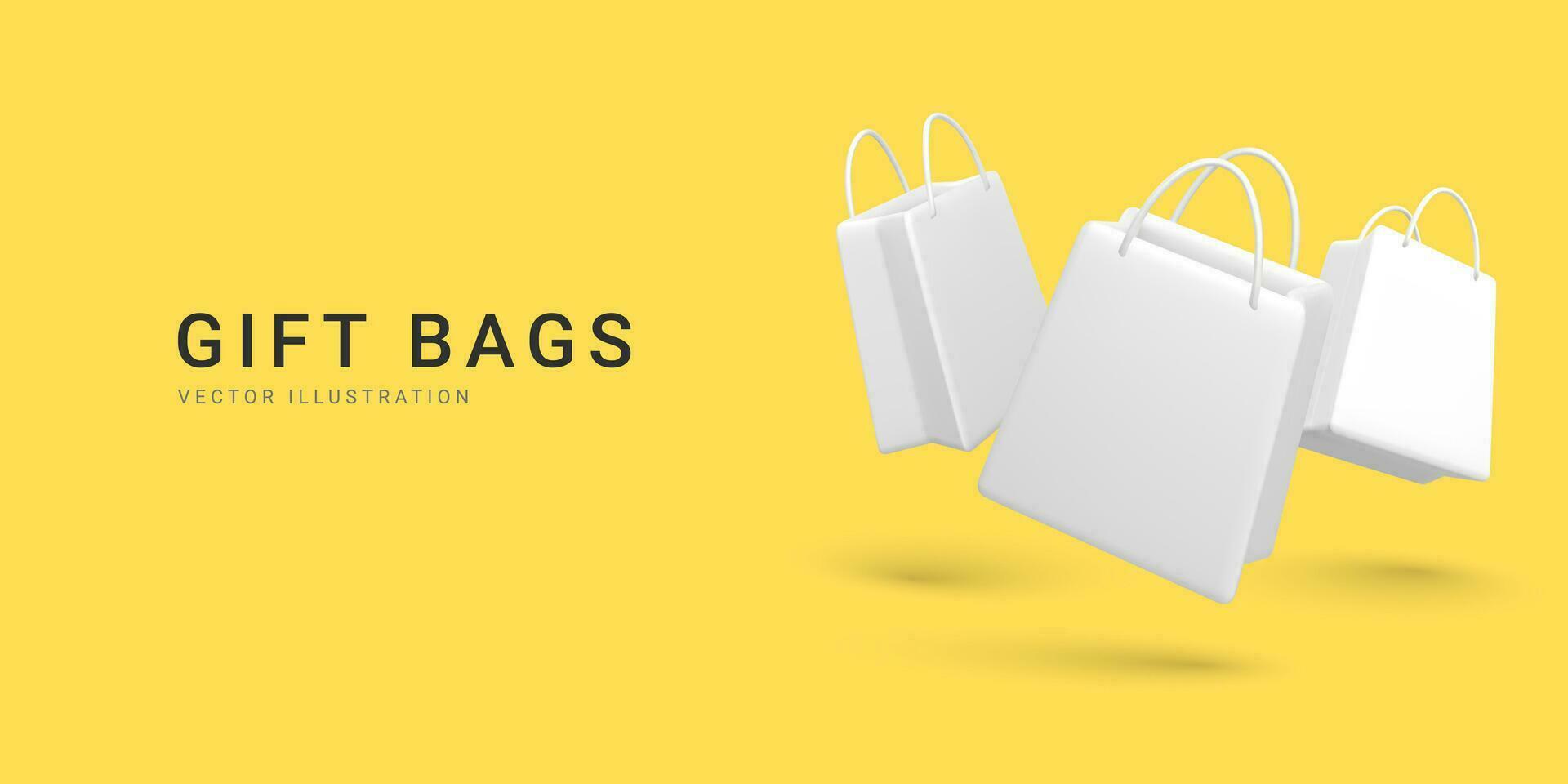 Banner for online shopping with 3d realistic gift bags. Vector illustration