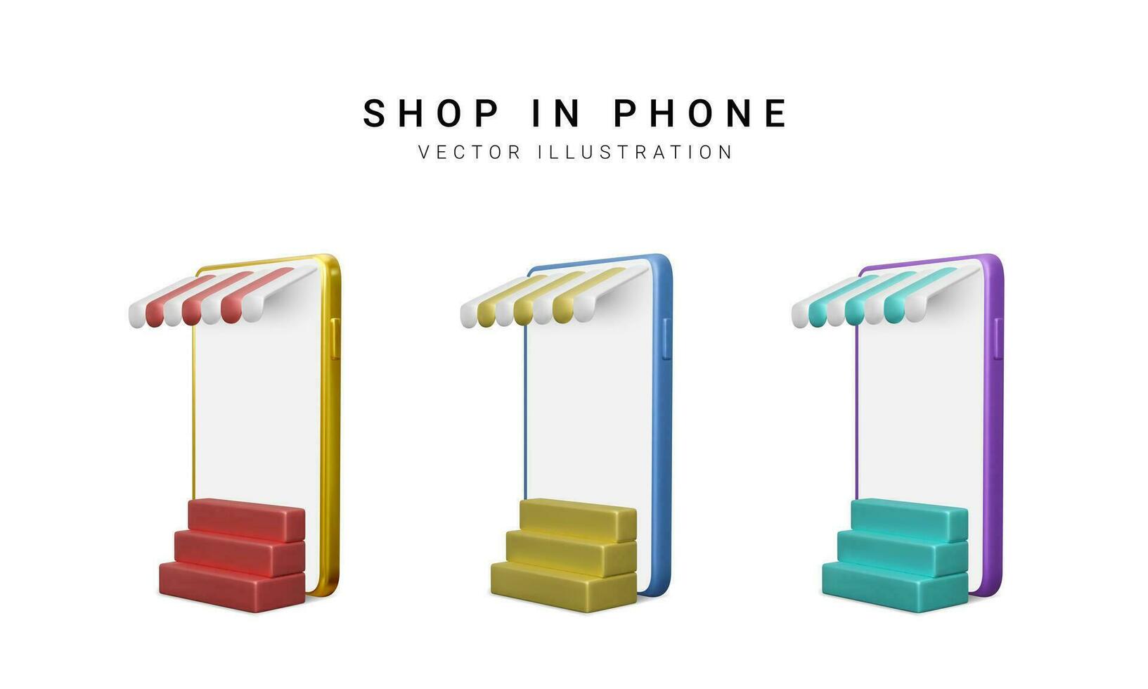 Set of colour 3d realistic store in your phone on white background. Vector illustration