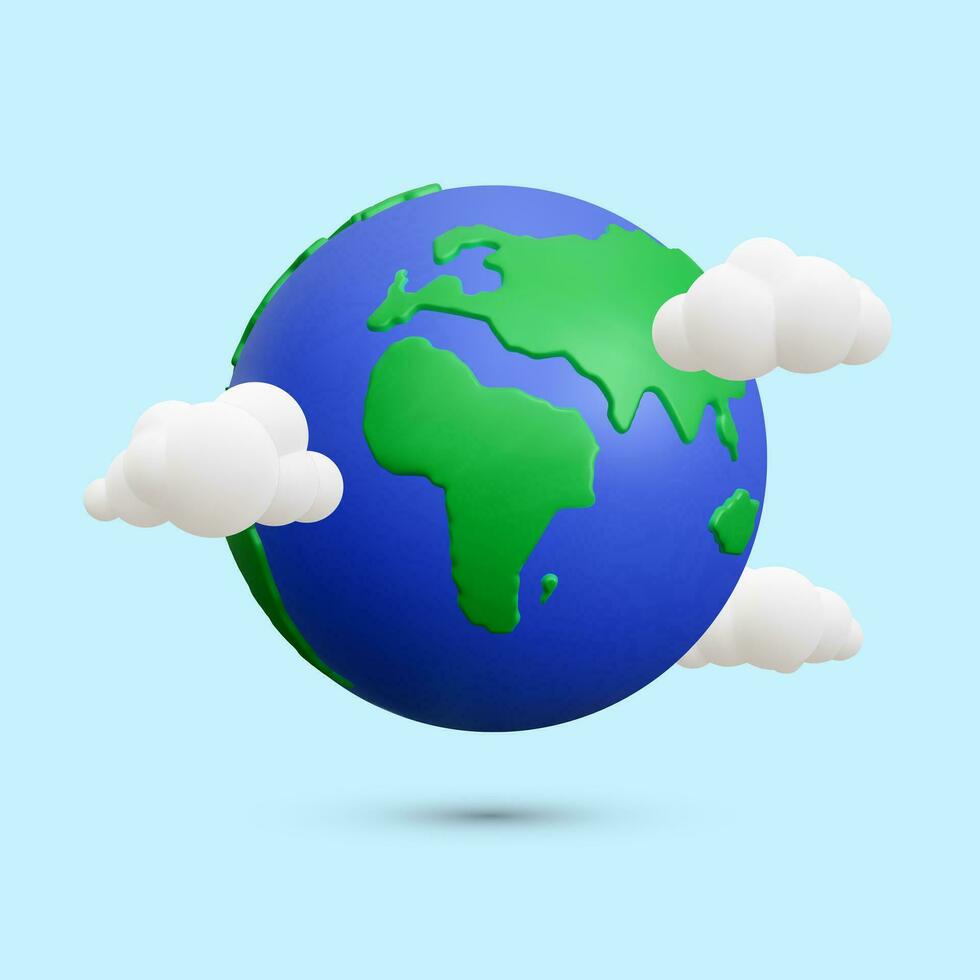 Realistic 3d planet Earth with clouds on blue background. Vector illustration