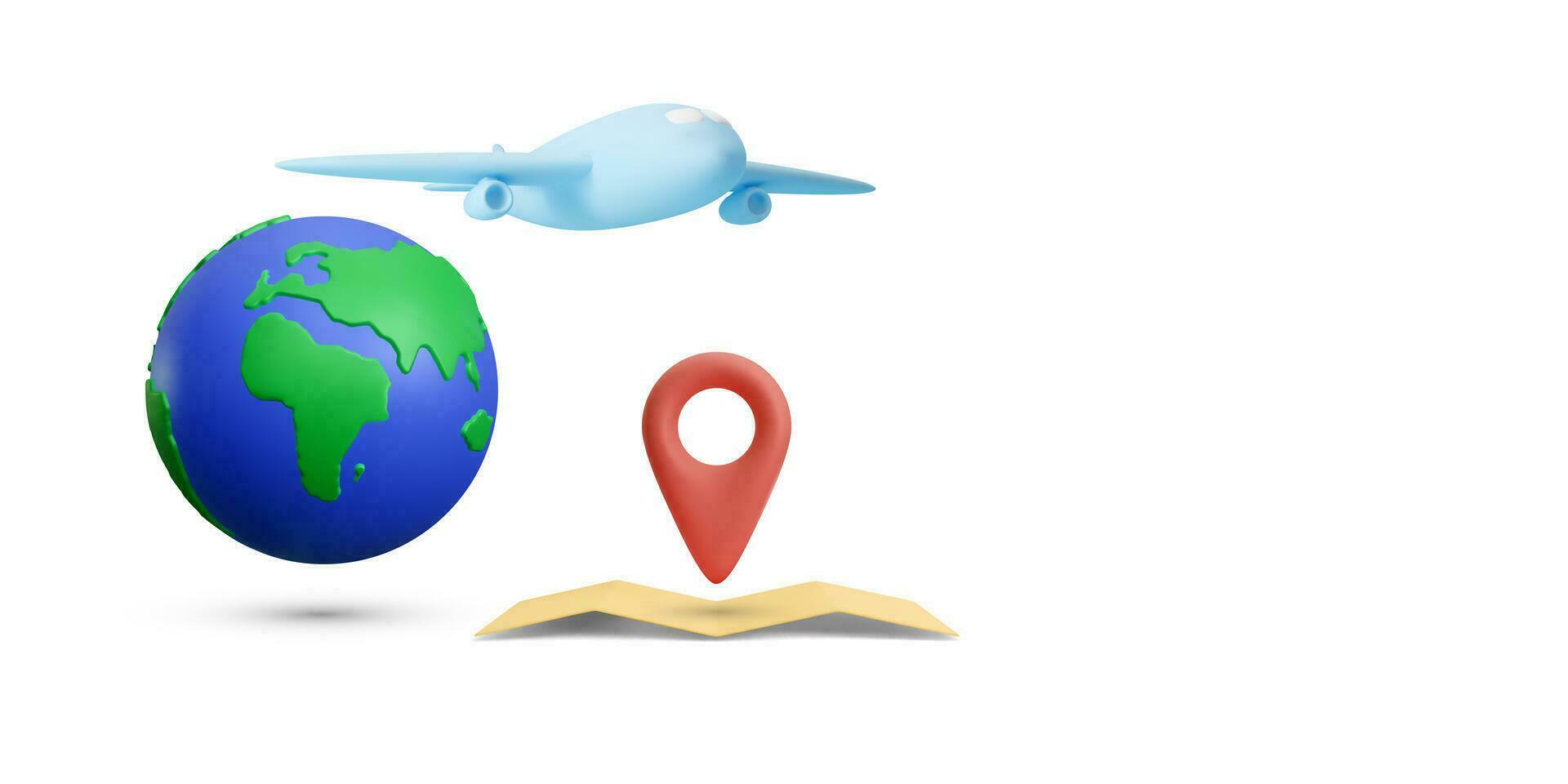 3d realistic tourism and travel concept banner with planet, pointer sign on map, airplane. Vector illustration