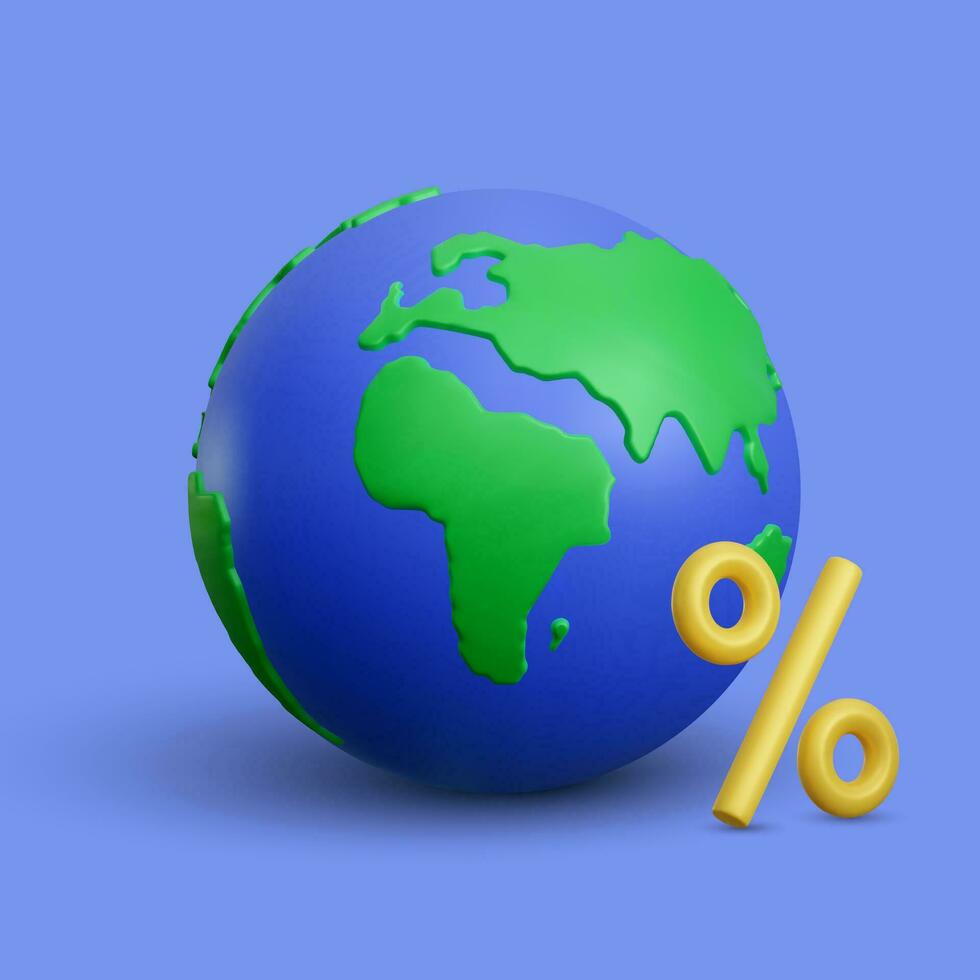 Realistic 3d planet Earth with percent sign on blue background. Vector illustration