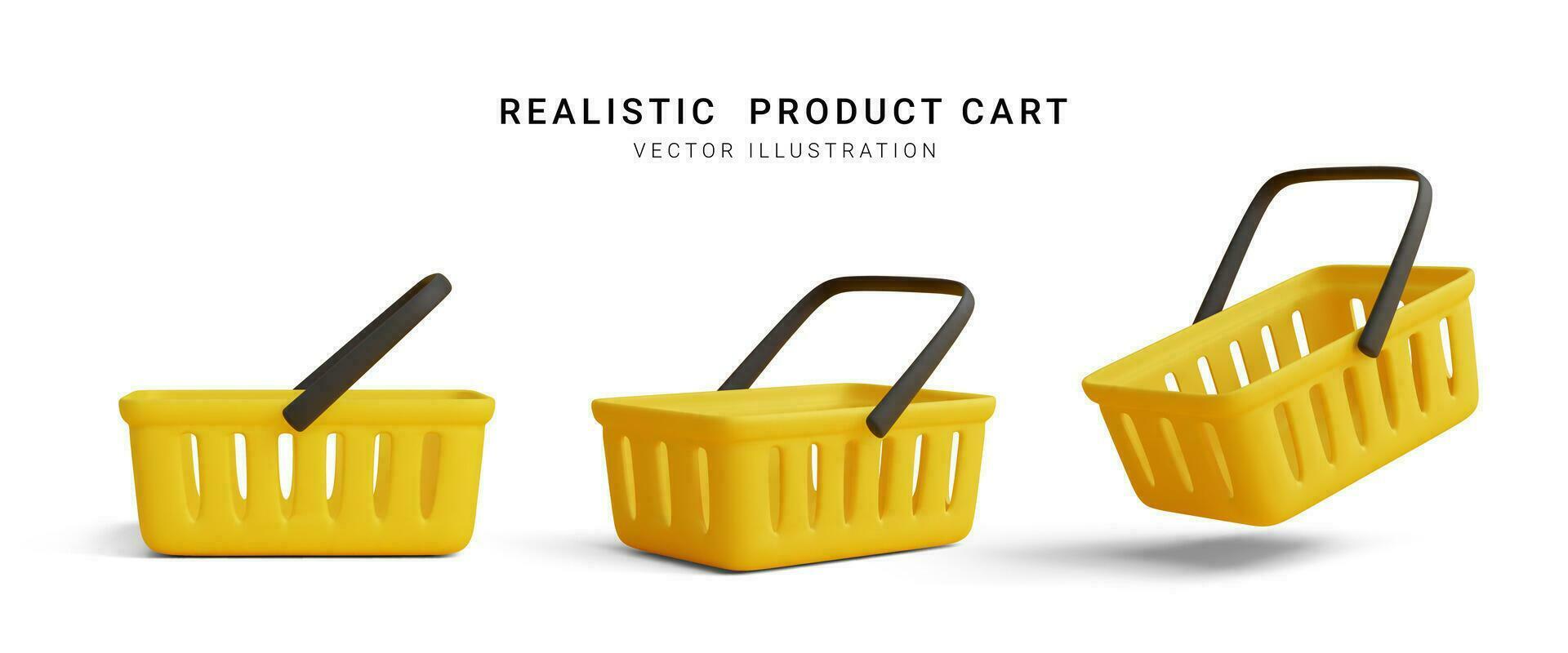 colección de realista 3d amarillo compras carros aislado en blanco antecedentes. vacío compras cesta. vector ilustración