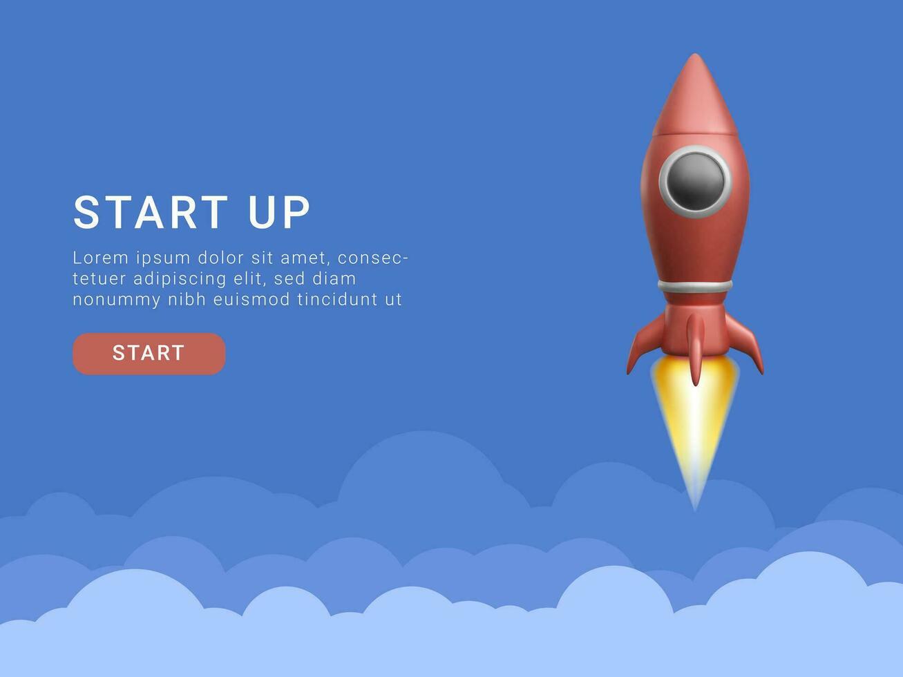 Concept for the start-up page. 3d rocket flying into space. Vector illustration