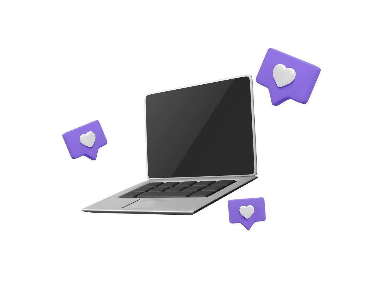 3d realistic laptop with social media likes flying around the device. Online social concept with laptop in cartoon style. Vector illustration