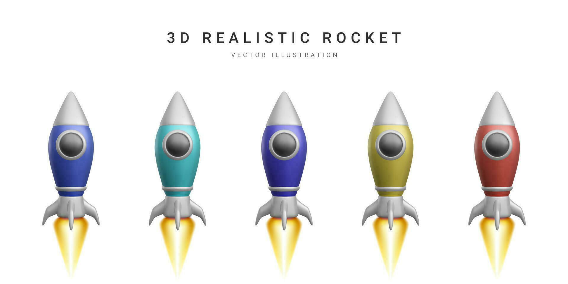 3d colour rocket set. Realistic space ship isolated on a white background. Vector illustration