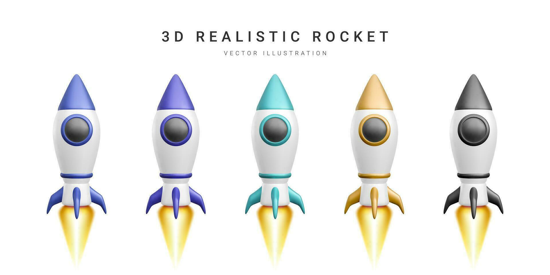 3d colour rocket set. Realistic space ship isolated on a white background. Vector illustration