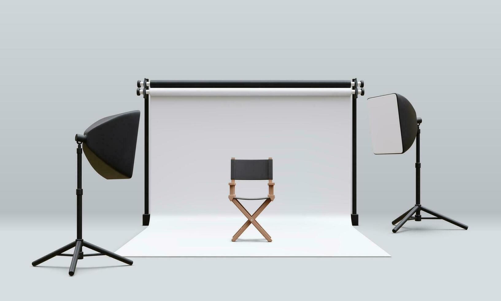 3d realistic interior of modern photo studio with chair and professional lighting equipment. Empty photography studio with spotlights. Vector illustration