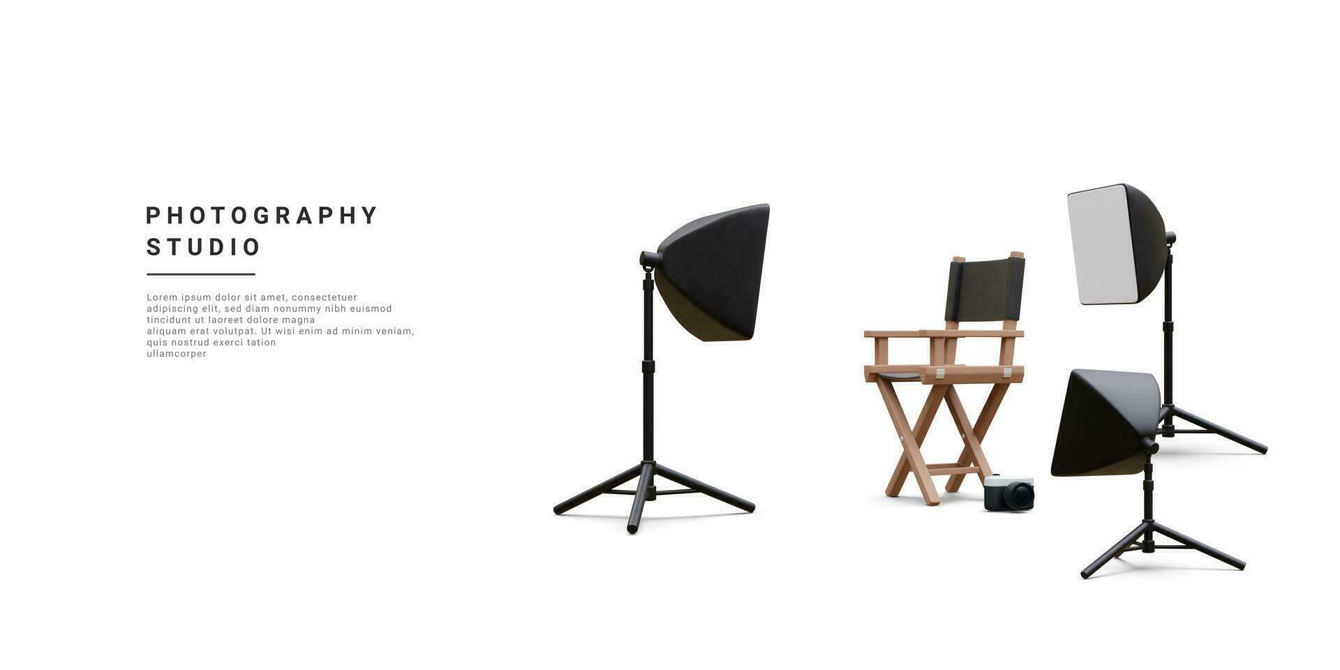 3d realistic interior of modern photo studio with chair, camera and professional lighting equipment. Empty photography studio with spotlights. Vector illustration