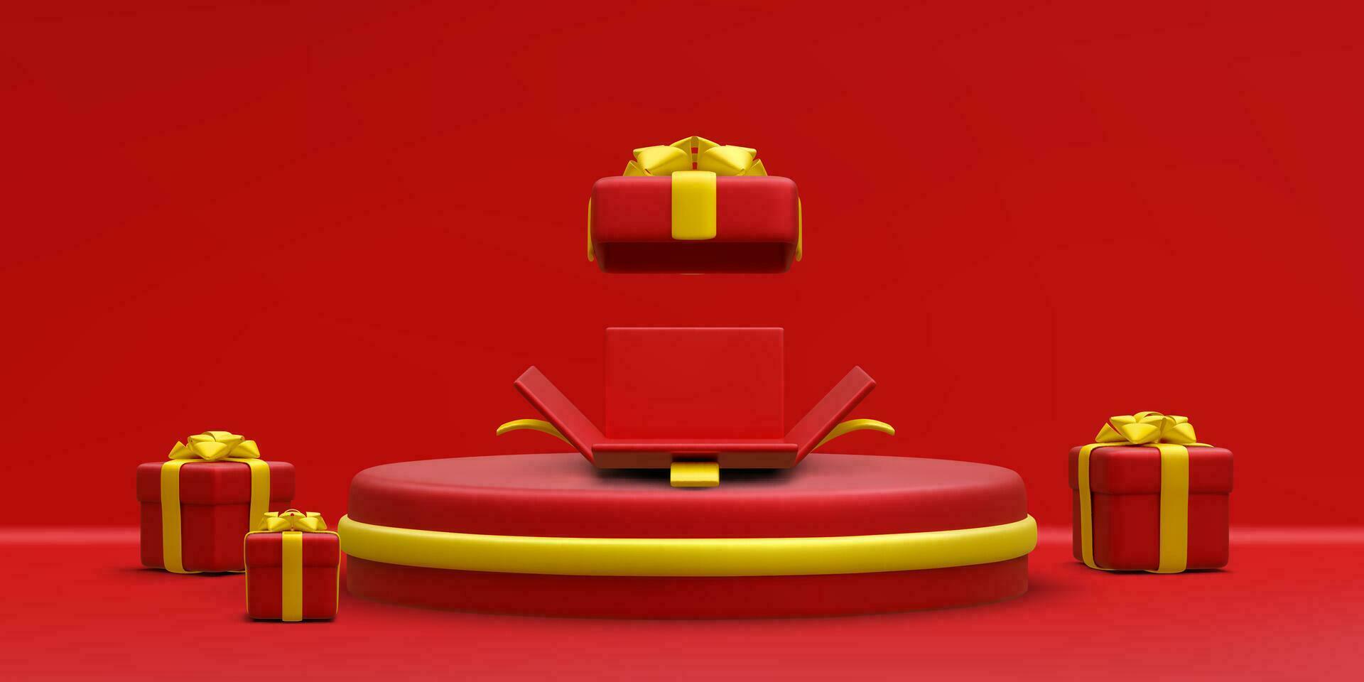 3d realistic red round podium with gold circle on light background. Scene and platform with gift boxes on light background. Design pedestal for christmas. Vector illustration