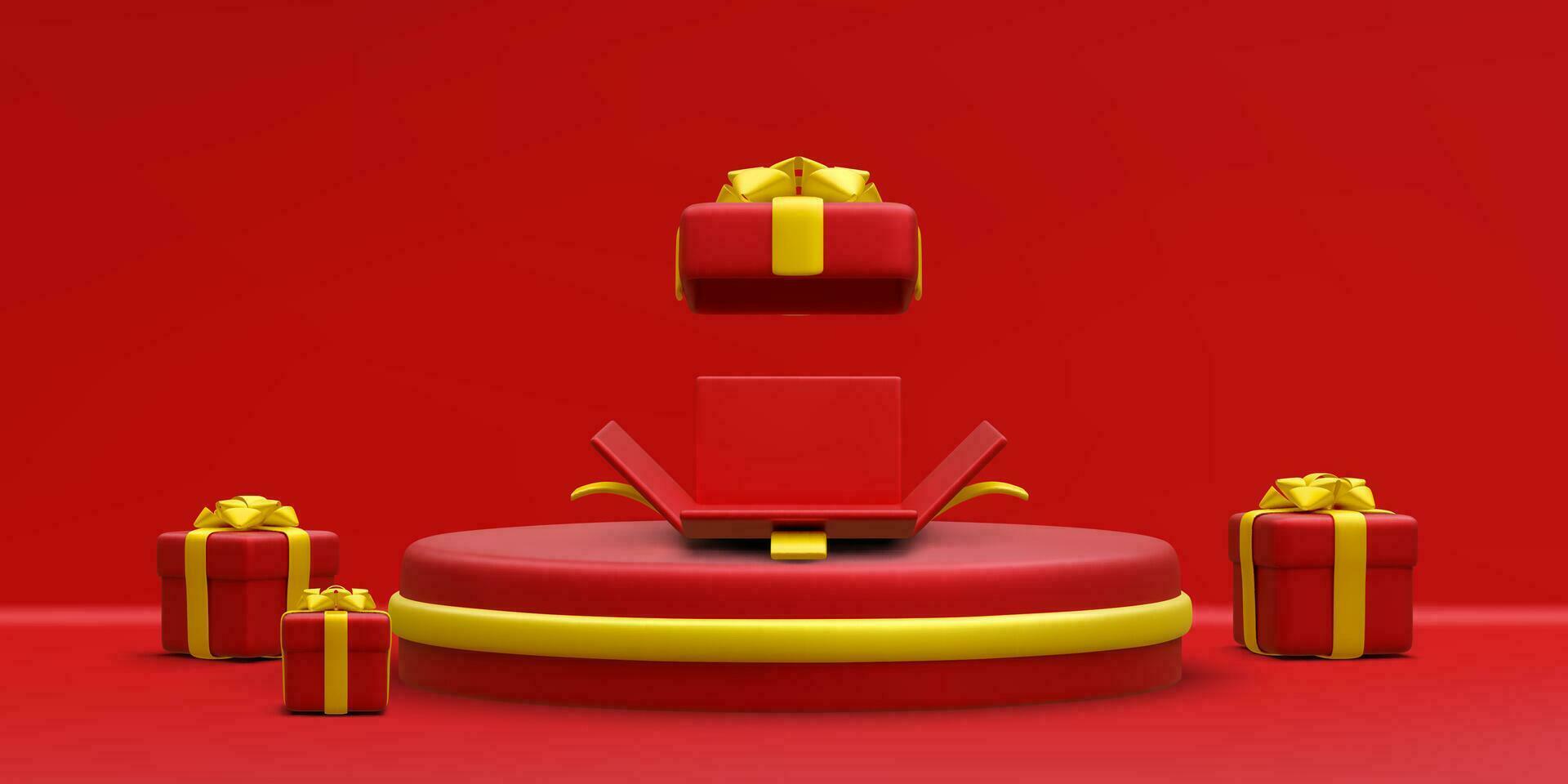 3d realista rojo redondo podio con oro circulo en ligero antecedentes. escena y plataforma con regalo cajas en ligero antecedentes. diseño pedestal para Navidad. vector ilustración