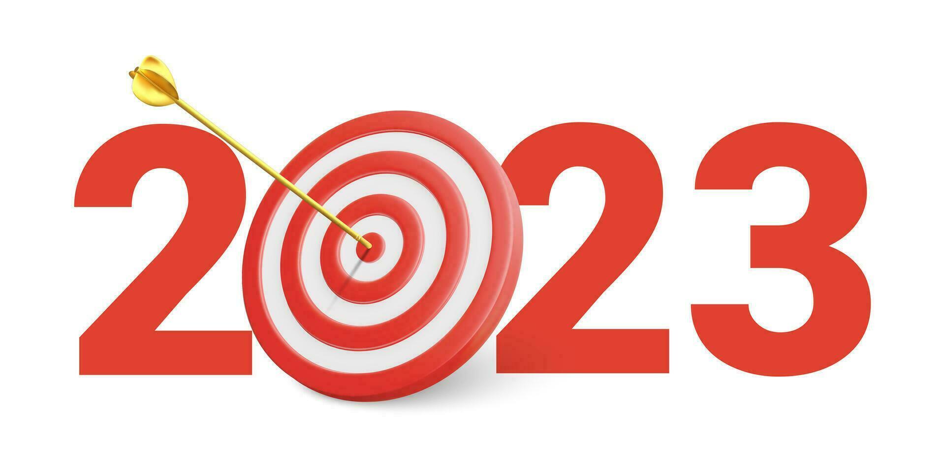 New Year realistic target and goals with symbol of 2023 from red target and arrows. Target concept for new year 2023. Vector illustration