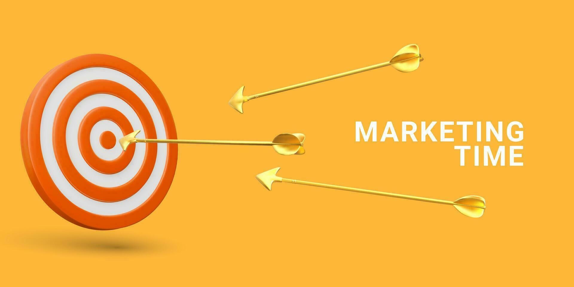 Marketing time concept. Targeting the business. Realistic 3d design red target and golden arrows