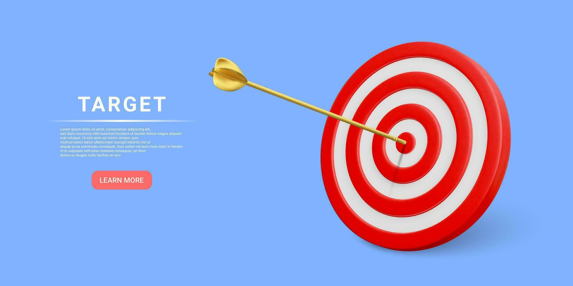Marketing time concept. Business orientation. Realistic 3D red target with a golden arrow in the center. Vector illustration