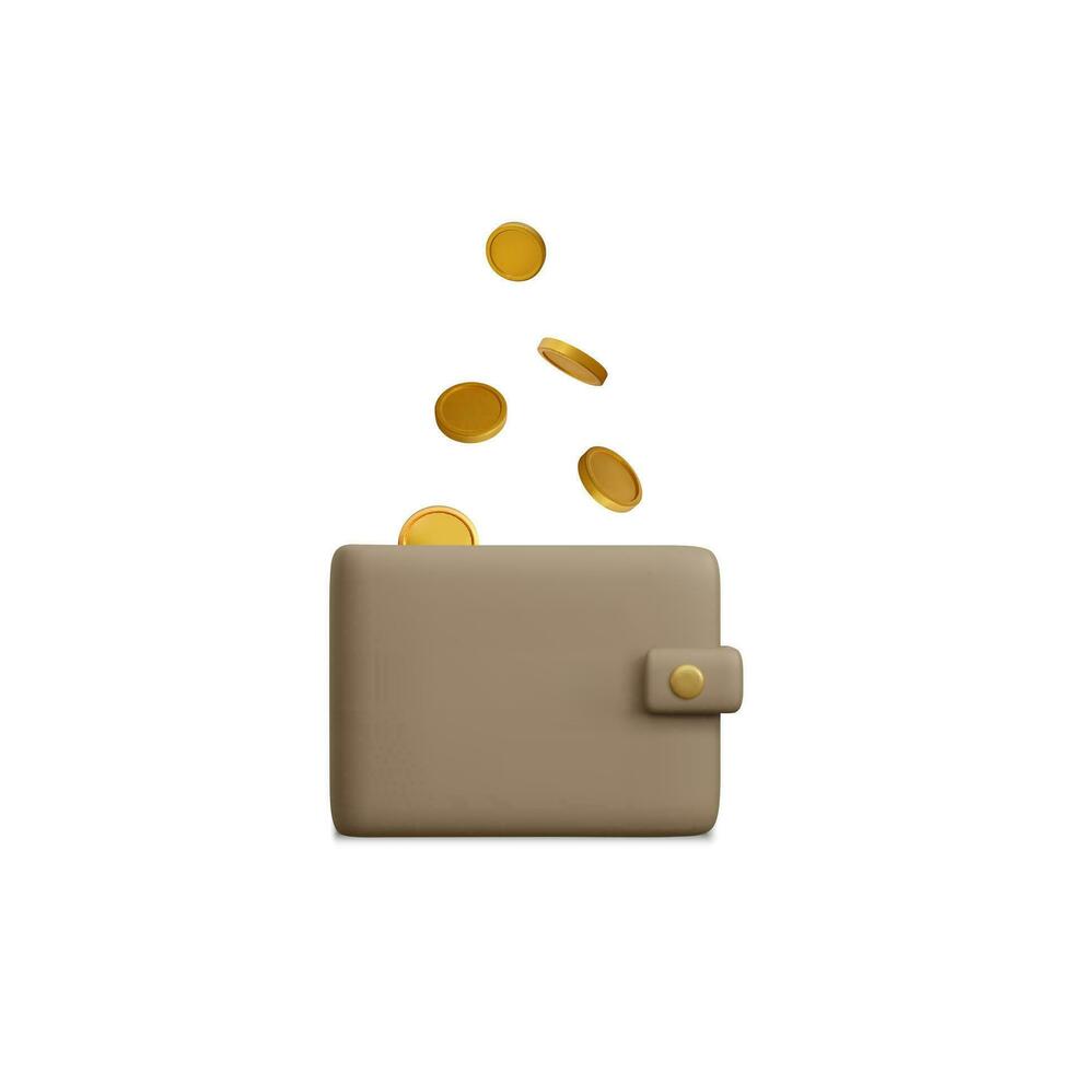 Wallet with flying golden coins in realistic cartoon style. 3D design element for cashback concept. Vector illustration