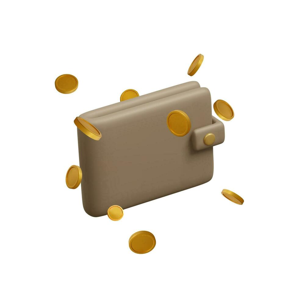 Wallet with flying golden coins in realistic cartoon style. 3D design element for cashback concept. Vector illustration