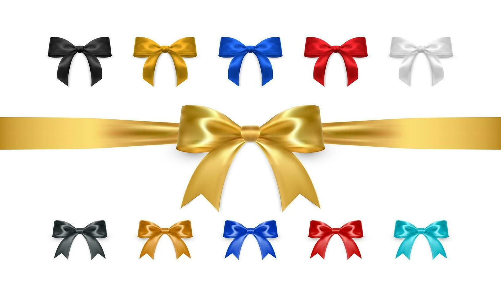 Set of realistic vector bows isolated on white background. Golden, white, black, red, blue gift bows for cards, presentation, valentine's day, christmas and birthday illustrations. Top view