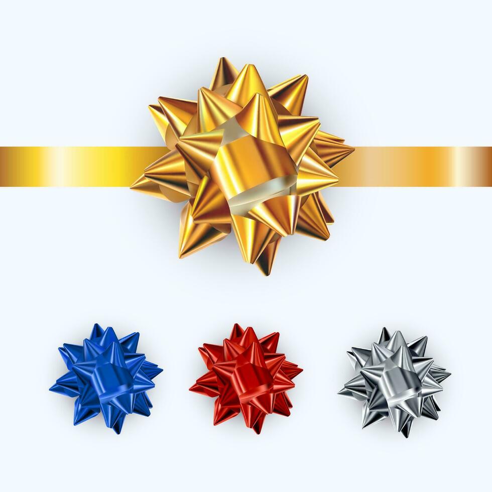 Set of realistic shiny vector bows isolated on white background. Golden, silver, red, blue gift bows for cards, presentation, valentine's day, christmas and birthday illustrations