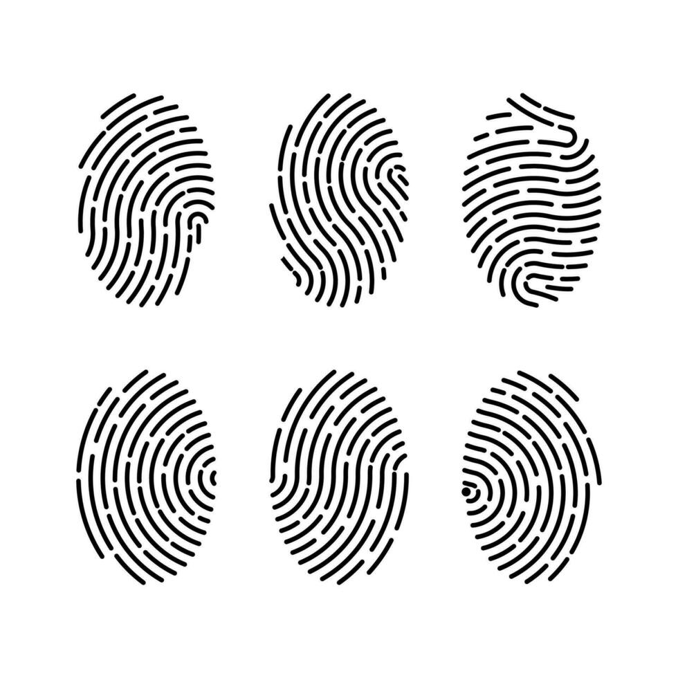 Set of vector illustrations of security fingerprint authentication. Finger identity, technology biometric illustration. Fingerprint template collection