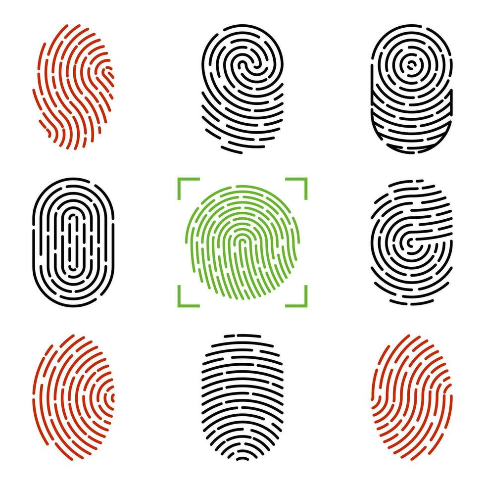Set of vector illustrations of security fingerprint authentication. Finger identity, technology