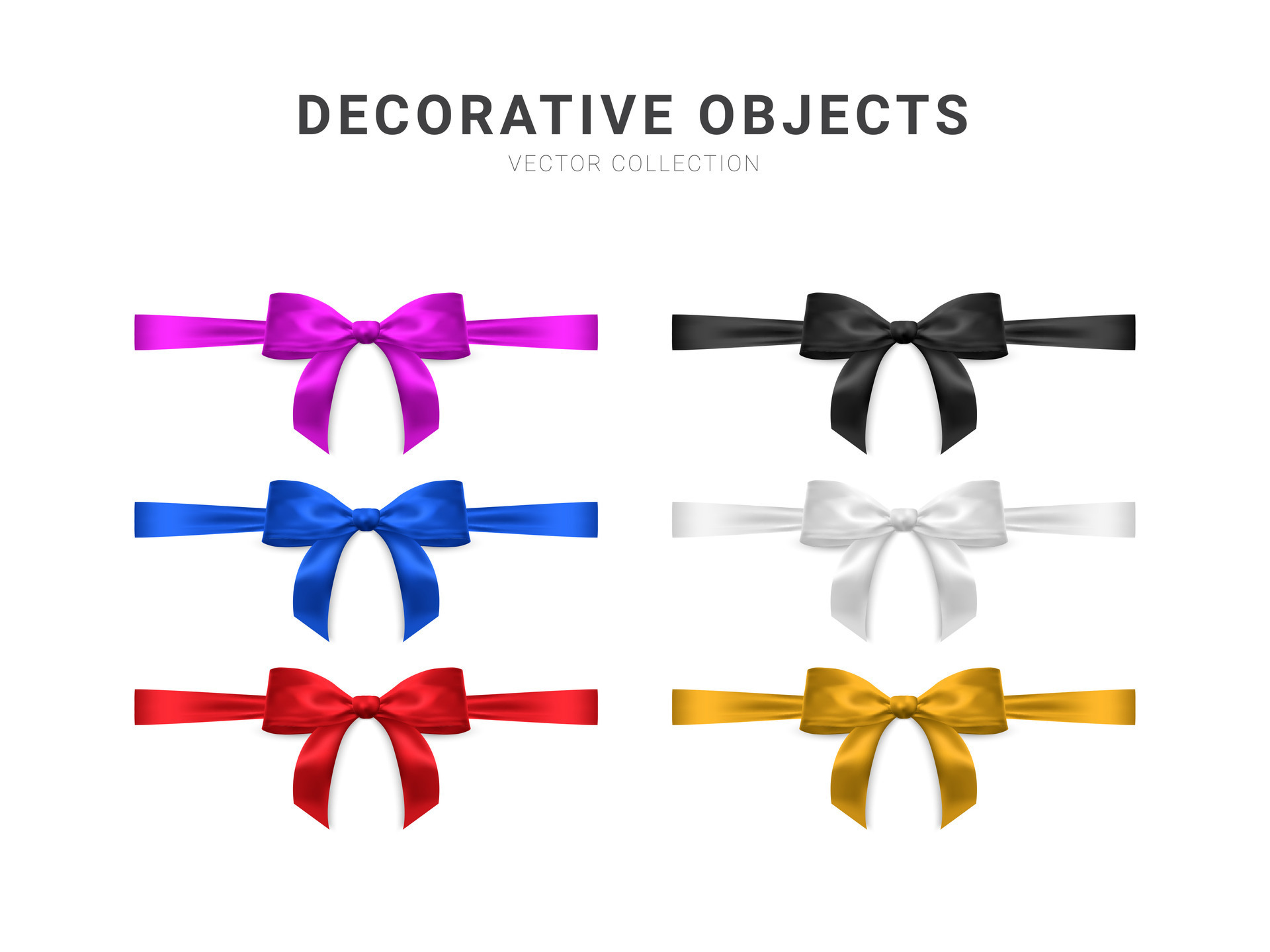 Collection of elegant colorful realistic silk bows of different types  isolated on white background. Set of beautiful holiday decorative elements,  shiny festive gift decorations. Vector illustration. Stock Vector