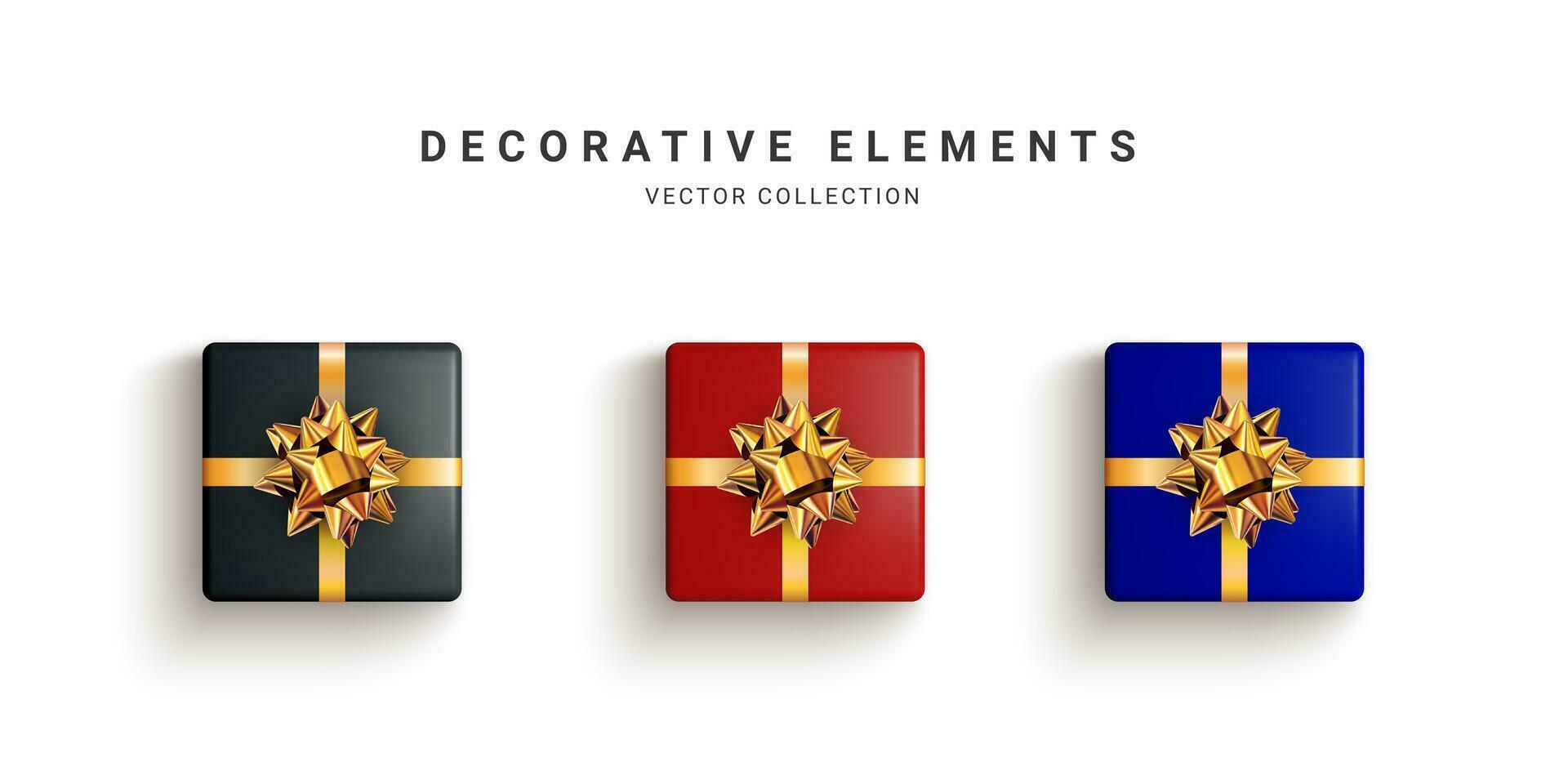 Collection of realistic gift boxes, decorative presents isolated on white background. Vector illustration