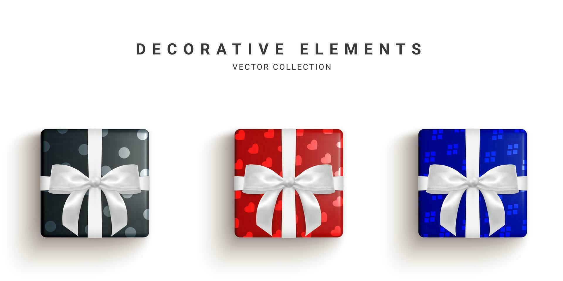 Collection of realistic gift boxes, decorative presents isolated on white background. Vector illustration