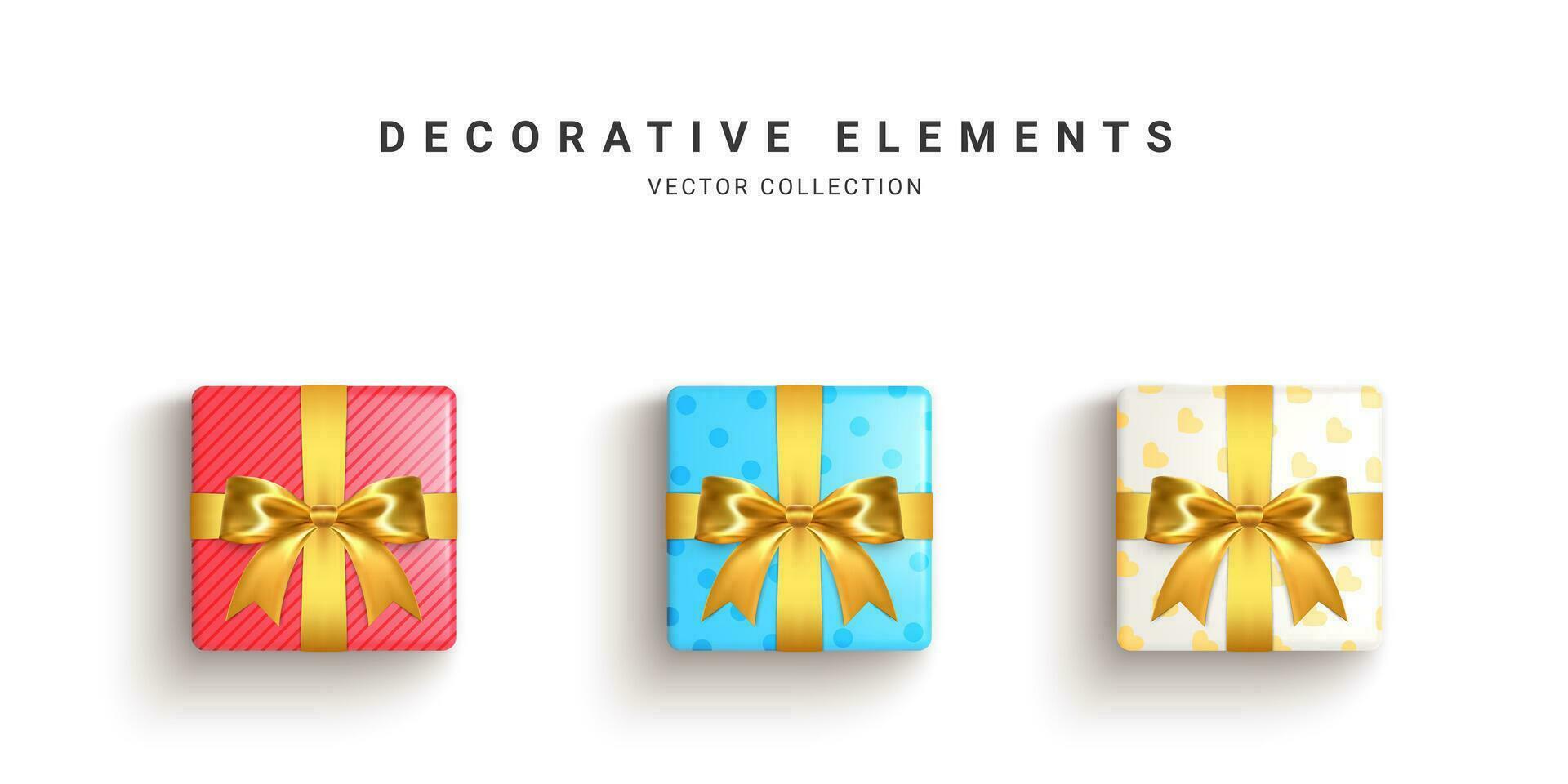 Collection of realistic gift boxes, decorative presents isolated on white background. Vector illustration