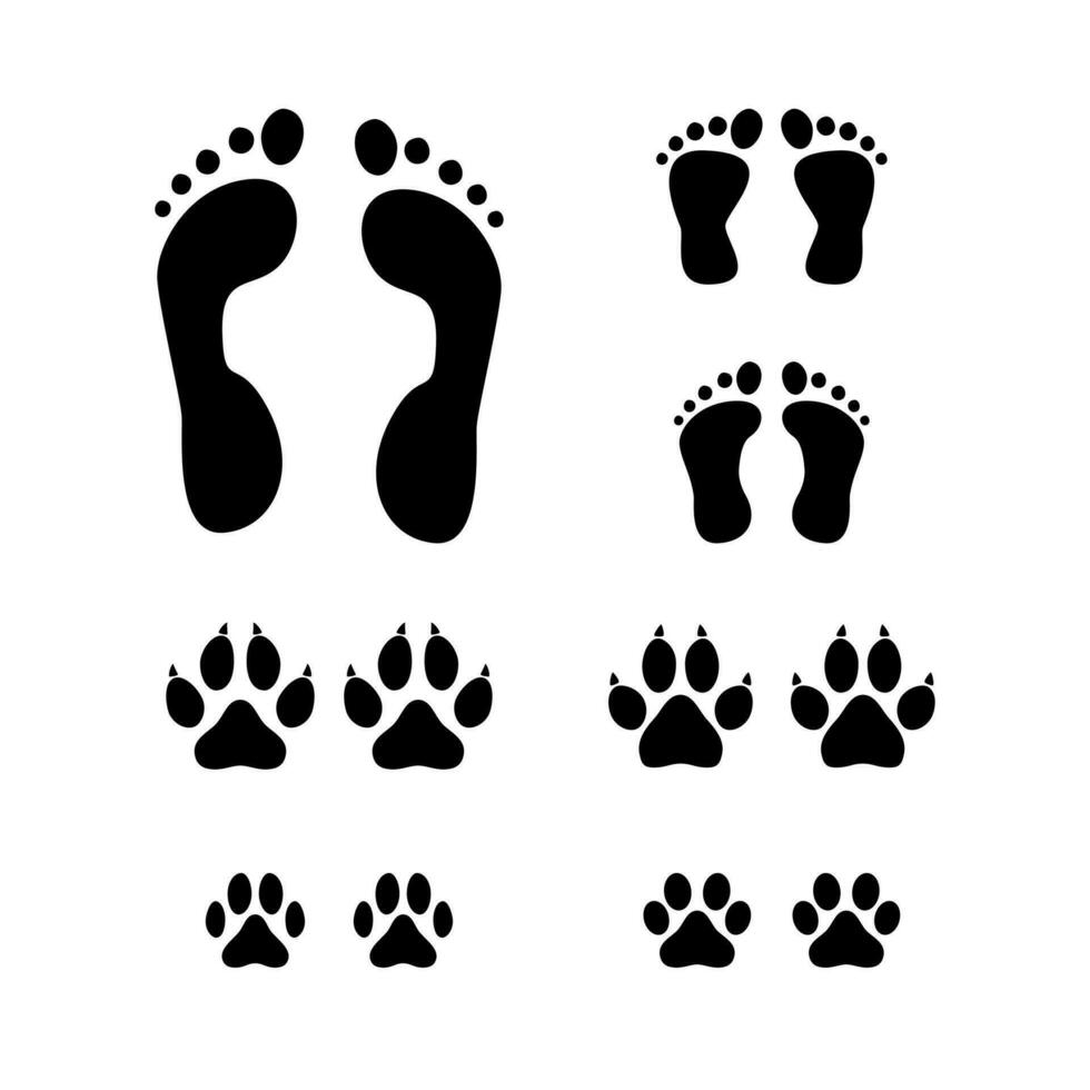 Set of Black animal paw print and human and child footprint isolated on white background. Vector illustration