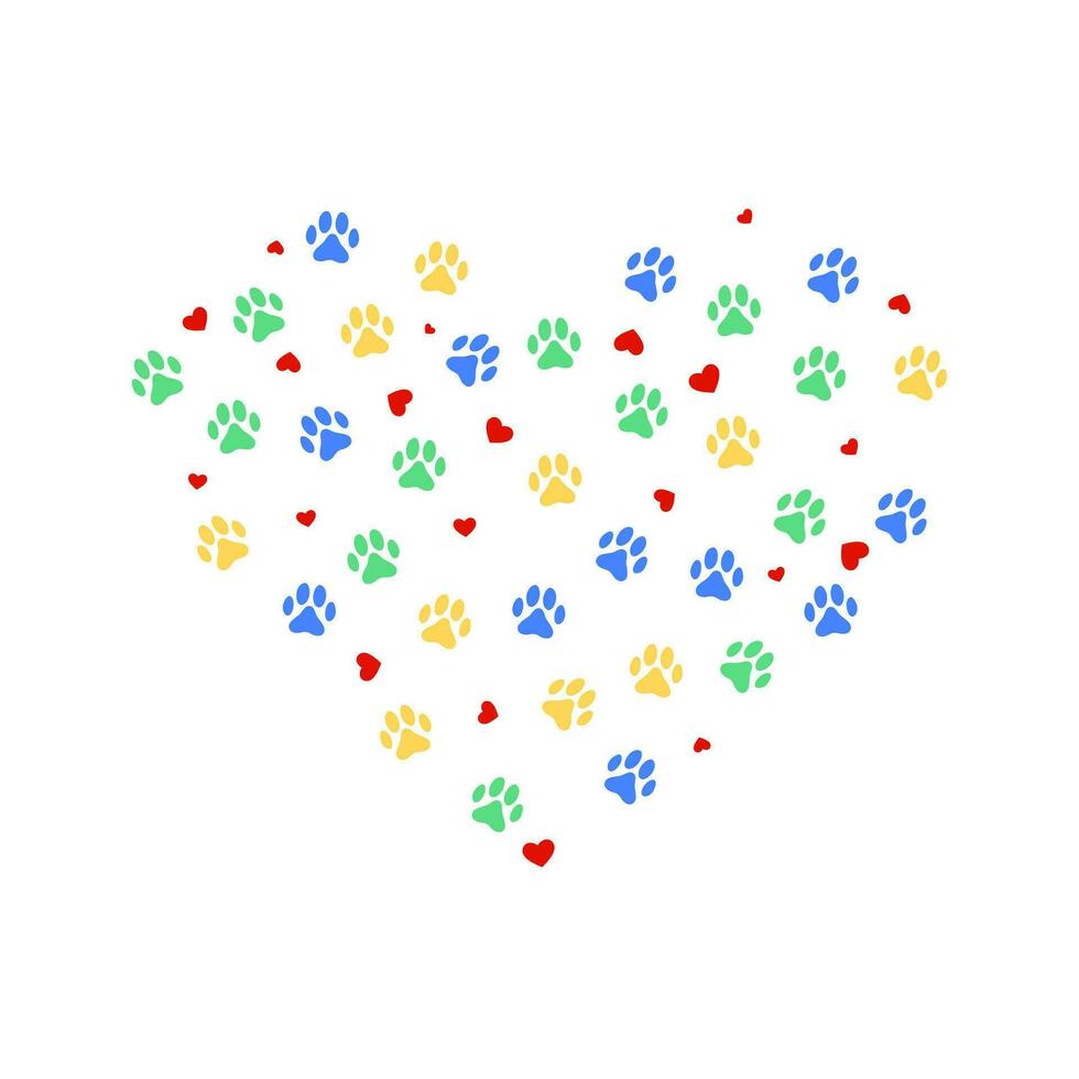 Heart with color animasl paw prints and many hearts. Vector illustration