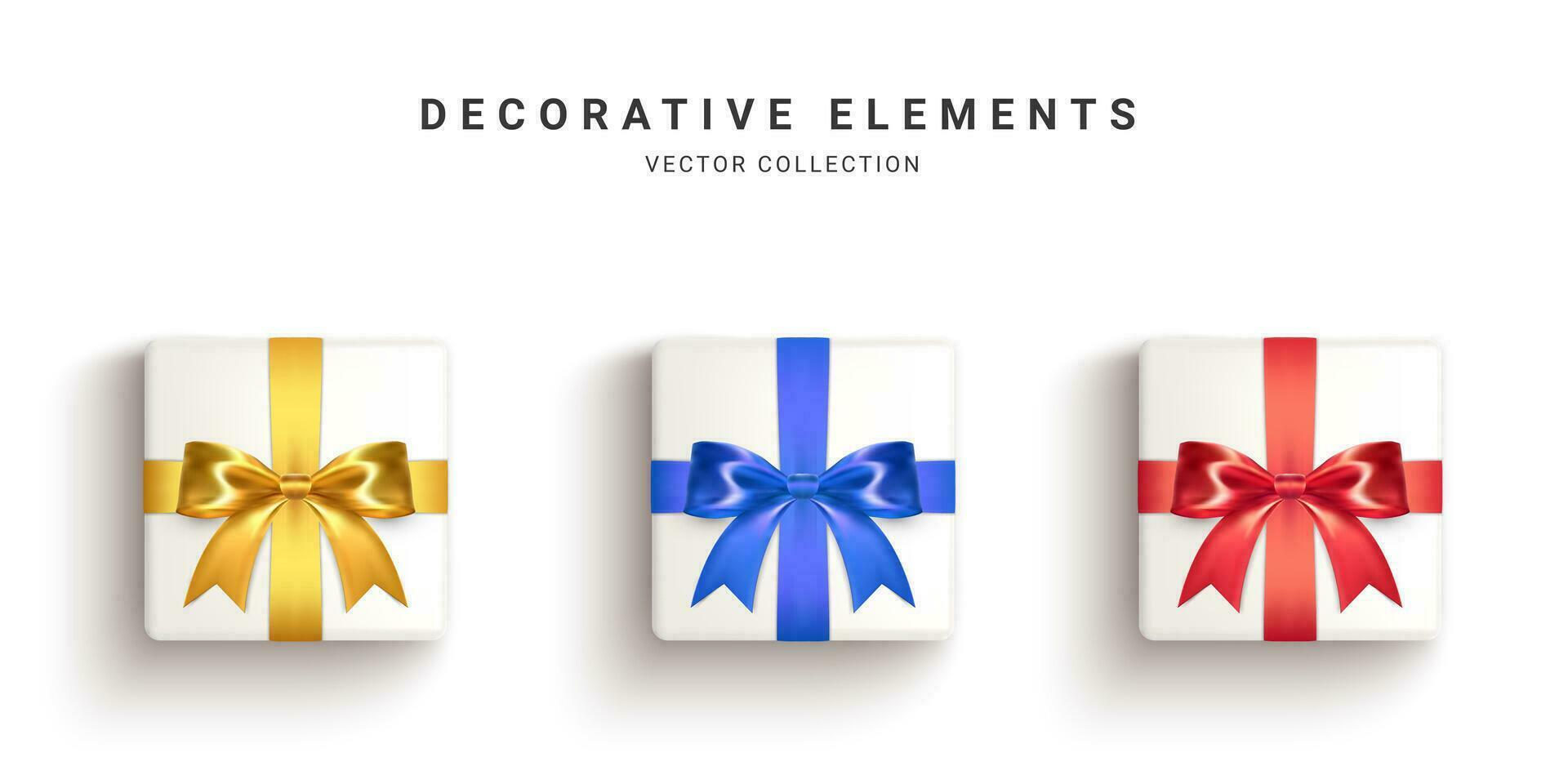 Collection of realistic gift boxes, decorative presents isolated on white background. Vector illustration