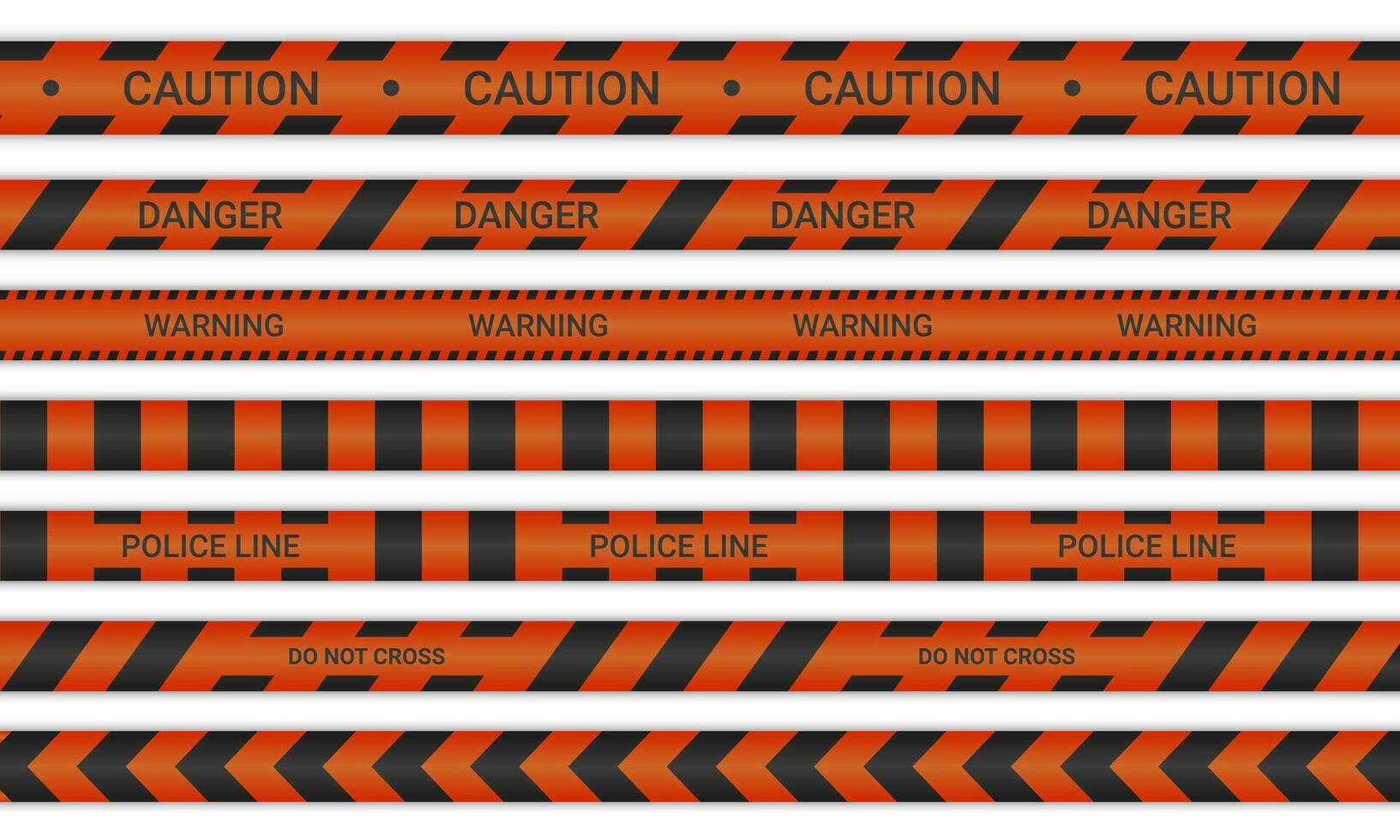 Police lines and don't cross ribbons. Caution and danger tapes in red and black color. Warning signs collection isolated on white background. Vector illustration