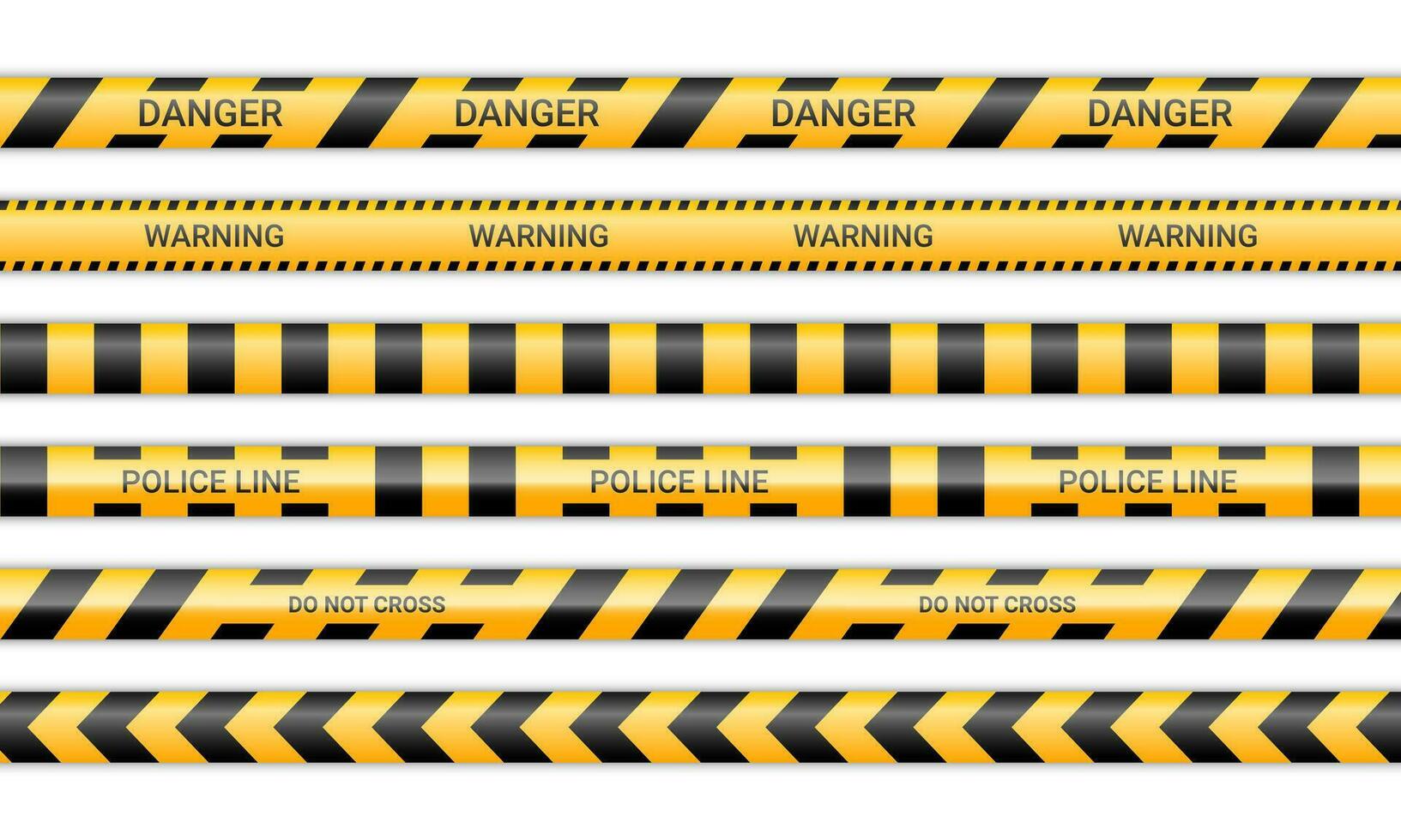 Police lines and don't cross ribbons. Caution and danger tapes in yellow and black color. Warning signs collection isolated on white background. Vector illustration