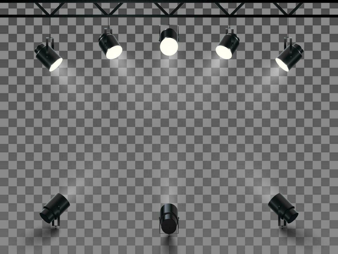 Spotlights with bright white light shining stage. Collections projectors with Illuminated effect . Set of projector for studio on transperent background. Vector illustration