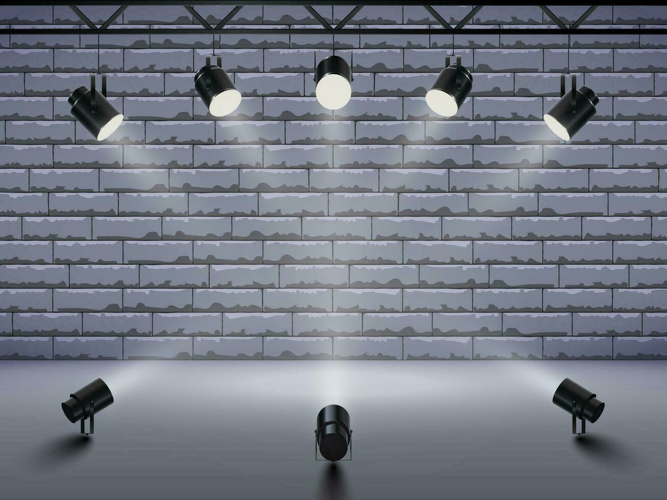 Spotlights with bright white light shining stage. Collections projectors with Illuminated effect . Set of projector for studio with brick wall. Vector illustration