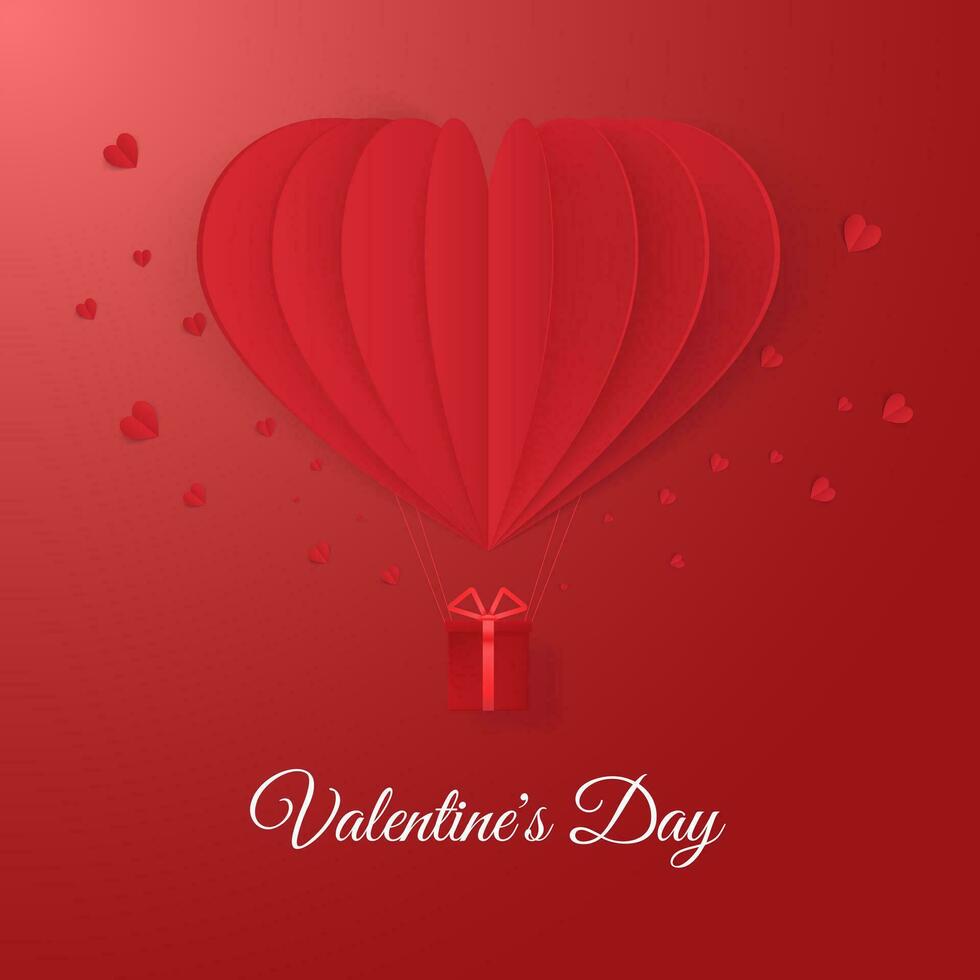 Happy valentines day vector greetings card design with paper cut heart shape and flying balloon in red background. Vector illustration