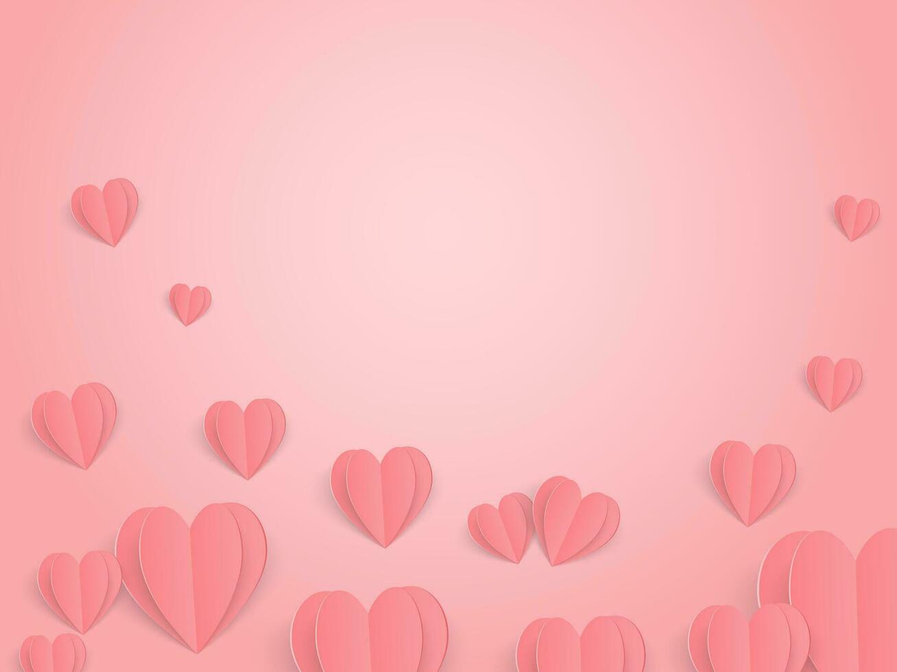 Paper elements in shape of heart flying on pink background. Banner for Valentine's Day. Birthday greeting card design vector