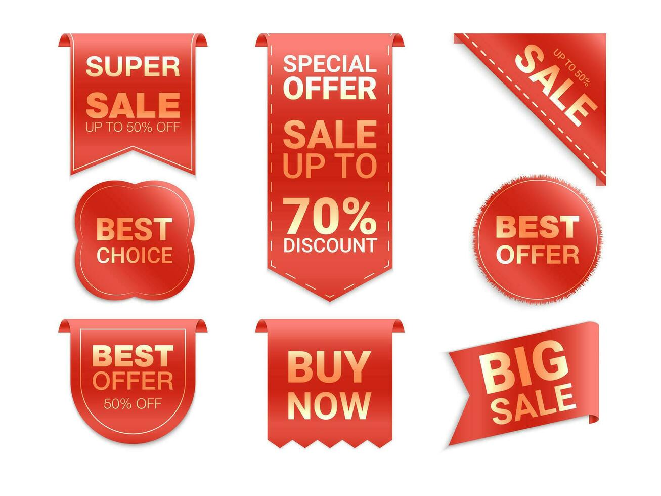 Vector red labels isolated on white background. Sale promotion, website stickers, new offer badge collection. Flat badges discount and tags. Best choice tags. Vector illustration