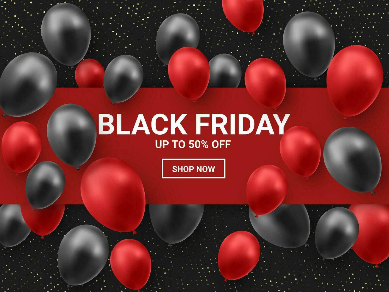 WebBlack friday sale poster with shiny balloons on dark background with red square frame. Vector illustration