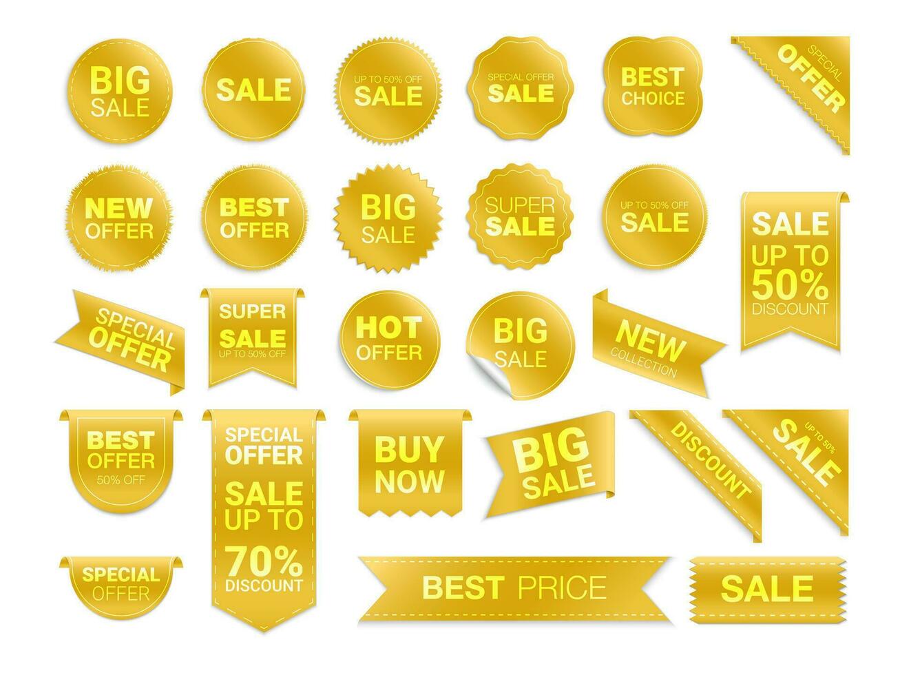 Vector yellow labels isolated on white background. Sale promotion, website stickers, new offer badge collection. Flat badges discount and tags. Best choice tags. Vector illustration