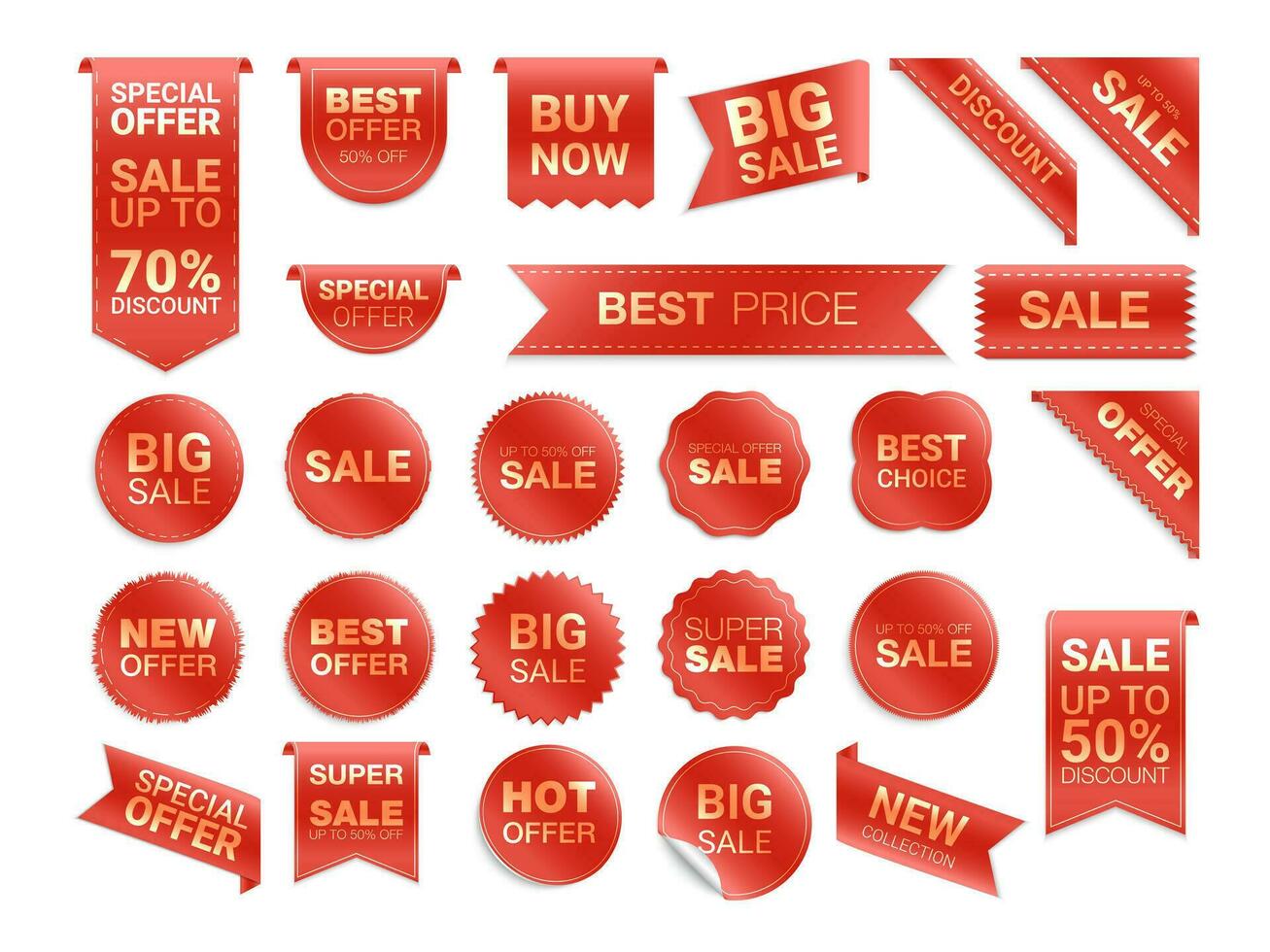 Vector red labels isolated on white background. Sale promotion, website stickers, new offer badge collection. Flat badges discount and tags. Best choice tags. Vector illustration