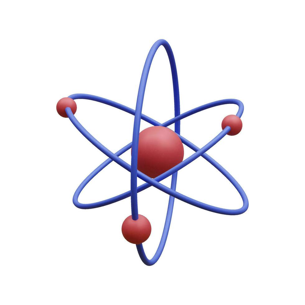 3d realistic atom with orbital electrons isolated on white background. Nuclear energy, scientific research, molecular chemistry, physics science concept. Vector illustration