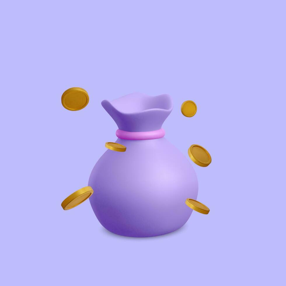 3d realistic money bag with falling golden coins in cartoon style. 3d realistic money object for poster or banner. Vector illustration