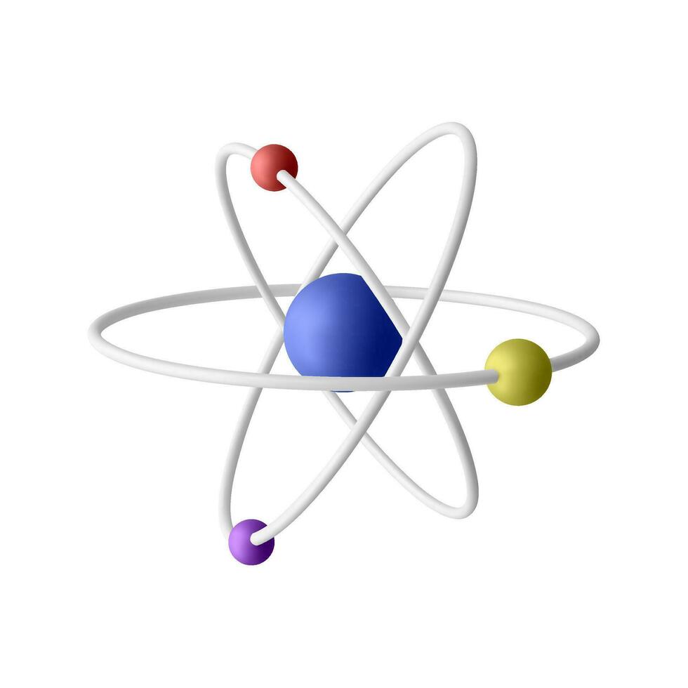 3d realistic atom with orbital electrons isolated on white background. Nuclear energy, scientific research, molecular chemistry, physics science concept. Vector illustration